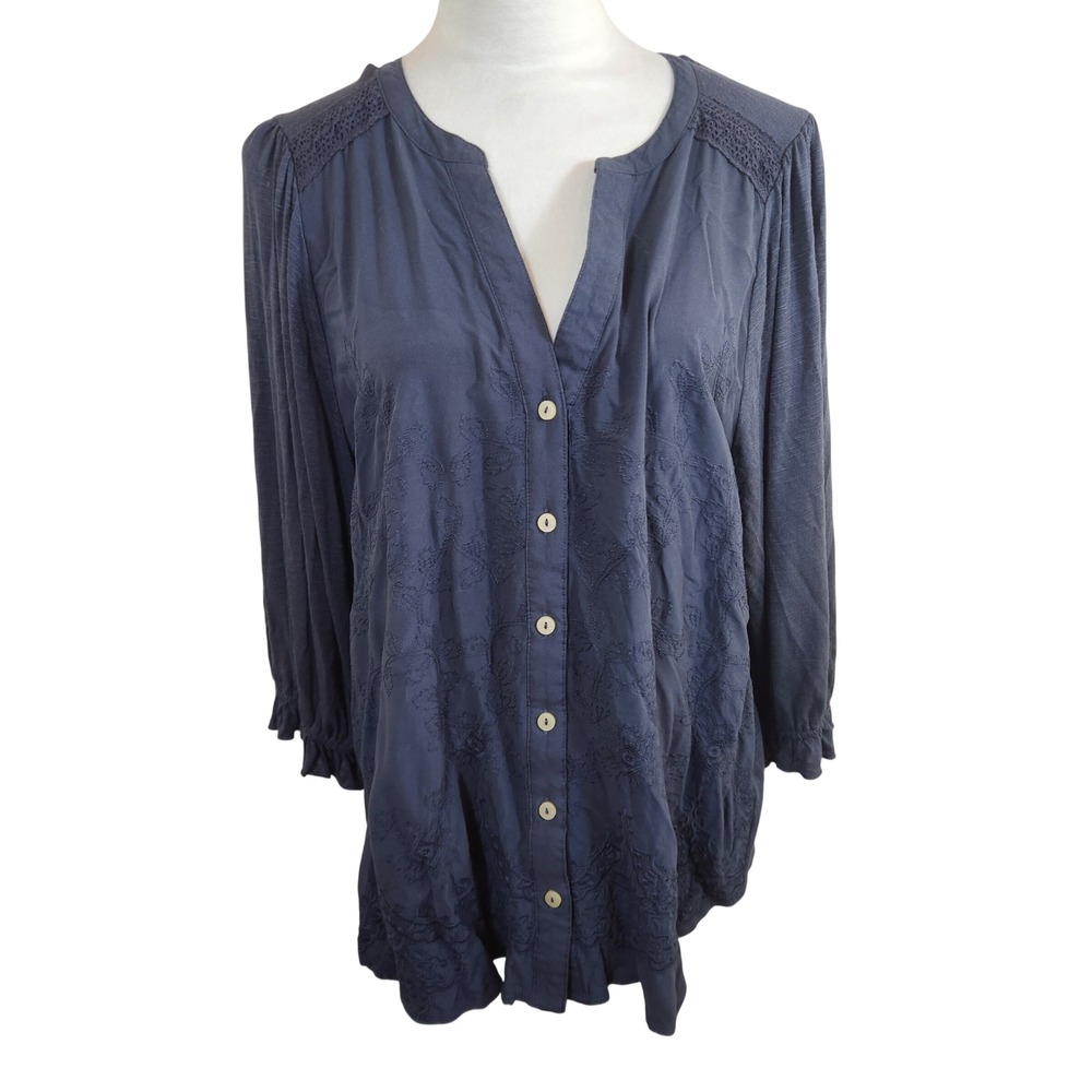 Democracy Womens Blue Embroidered Button Up Blouse Sz 1X Ruffle Sleeve Boho Top